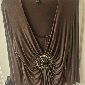 Grace Elements Brown Long Sleeve Top with Gold Accent
